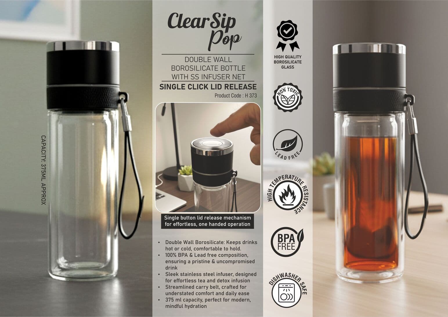 ClearSip Pop: Double wall Borosilicate Glass bottle with SS infuser Net