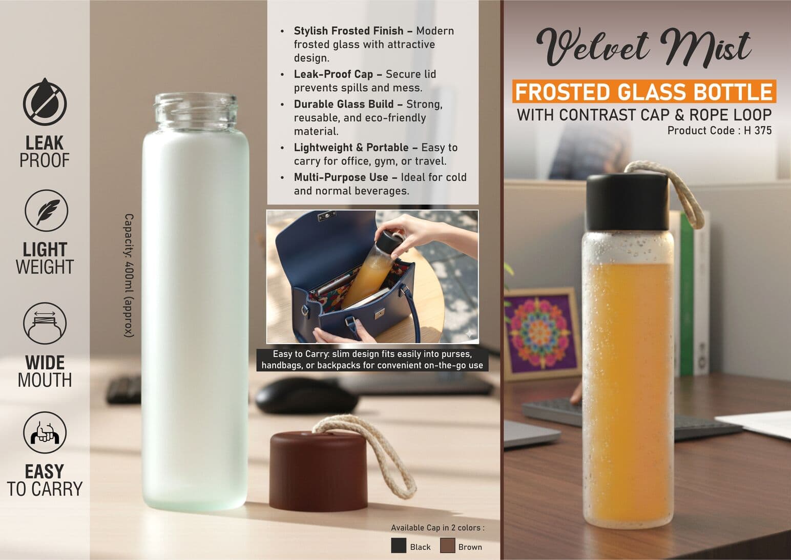 VelvetMist: Frosted Glass Bottle with Contrast Cap & Rope Loop