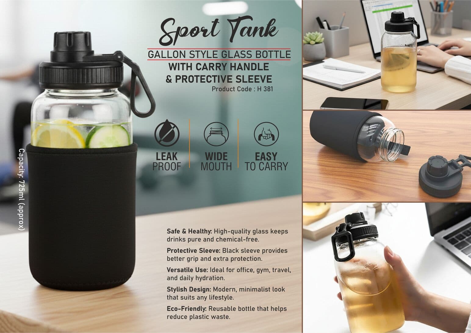 SportTank: Gallon style Glass Bottle with Carry Handle & Protective Sleeve