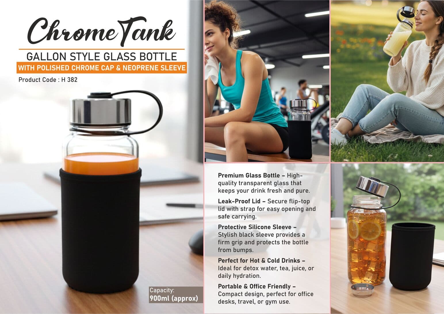 ChromeTank: Gallon style Glass Bottle with Polished Chrome Cap & Neoprene Sleeve