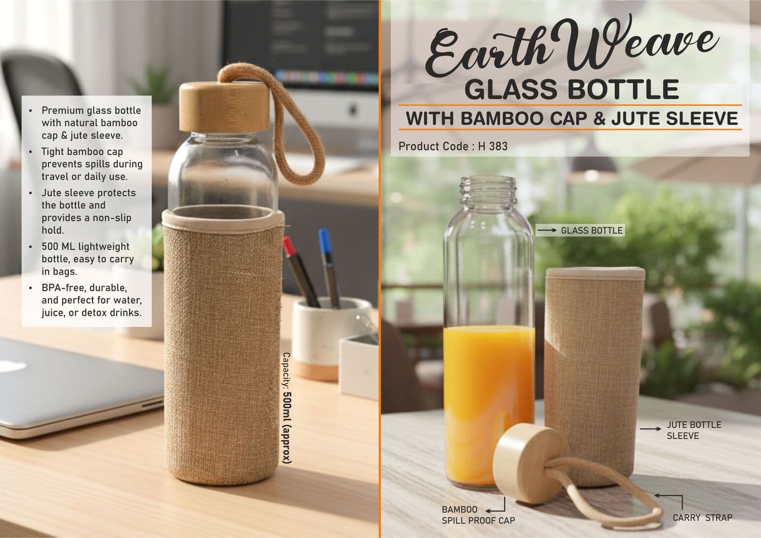 EarthWeave: Glass Bottle with Bamboo Cap & Jute Sleeve