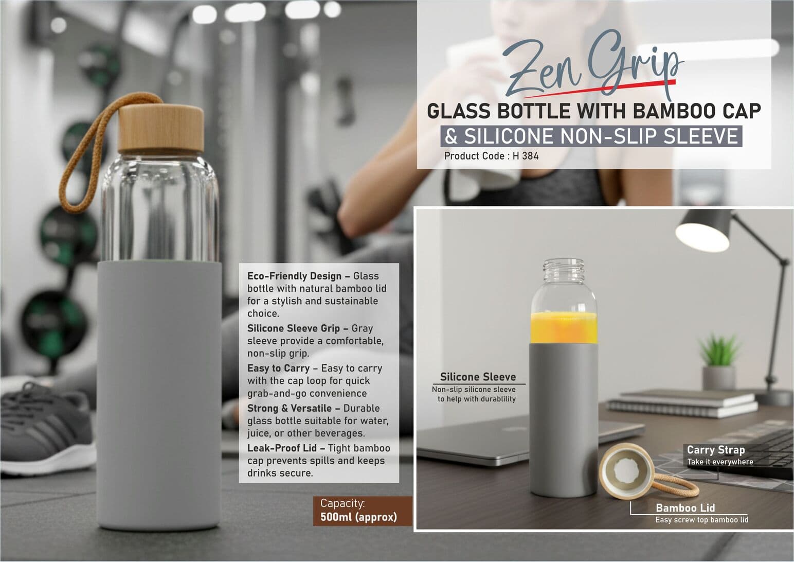 ZenGrip: Glass Bottle with Bamboo Cap & Silicone Non-Slip Sleeve