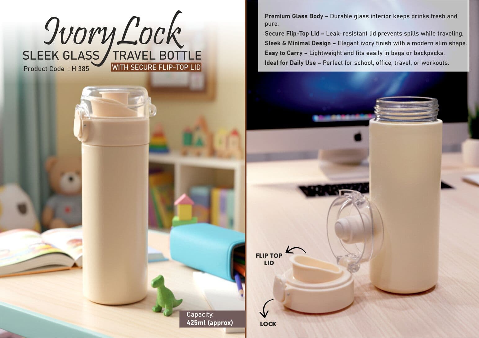 IvoryLock: Sleek Glass Travel Bottle with Secure Flip-Top Lid