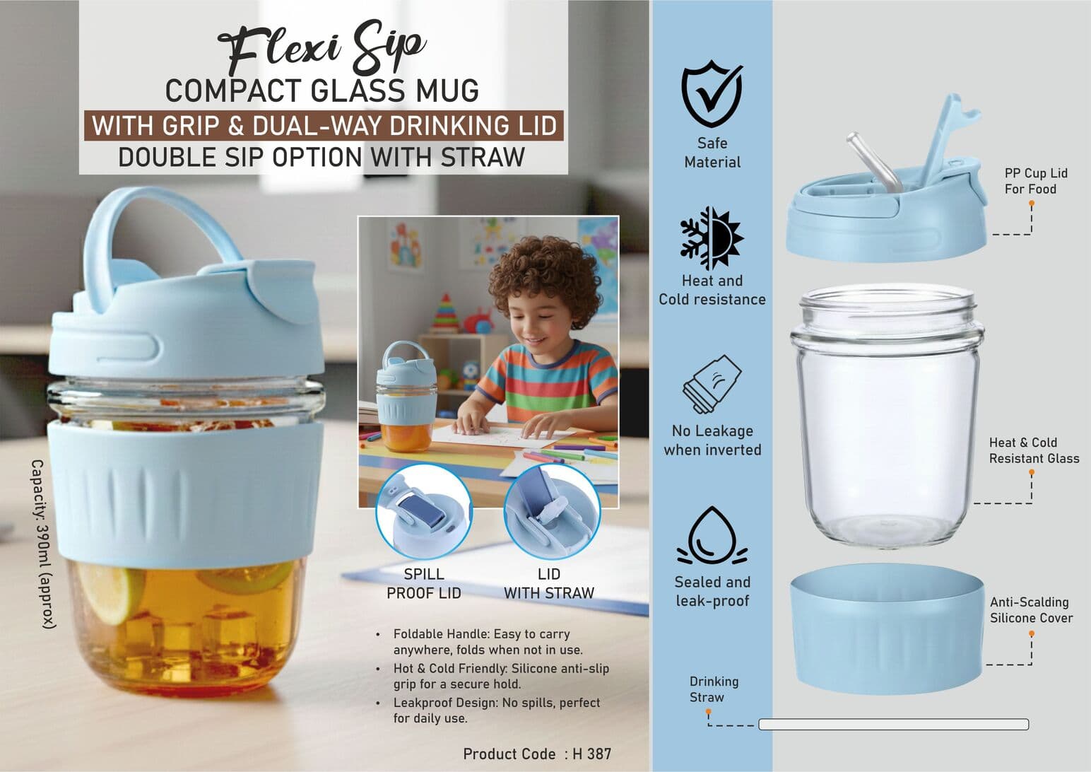 FlexiSip: Compact Glass Mug with Grip & Dual-Way Drinking Lid