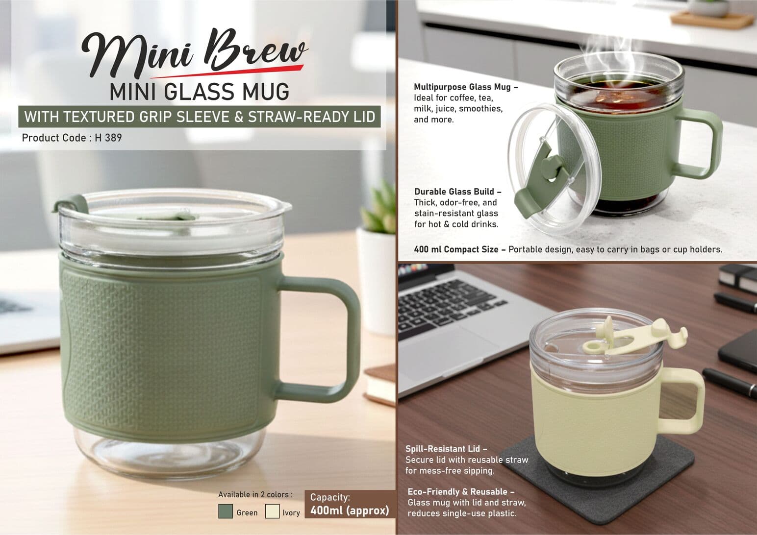 MiniBrew: Mini Glass Mug with Textured Grip Sleeve & Straw- Ready Lid