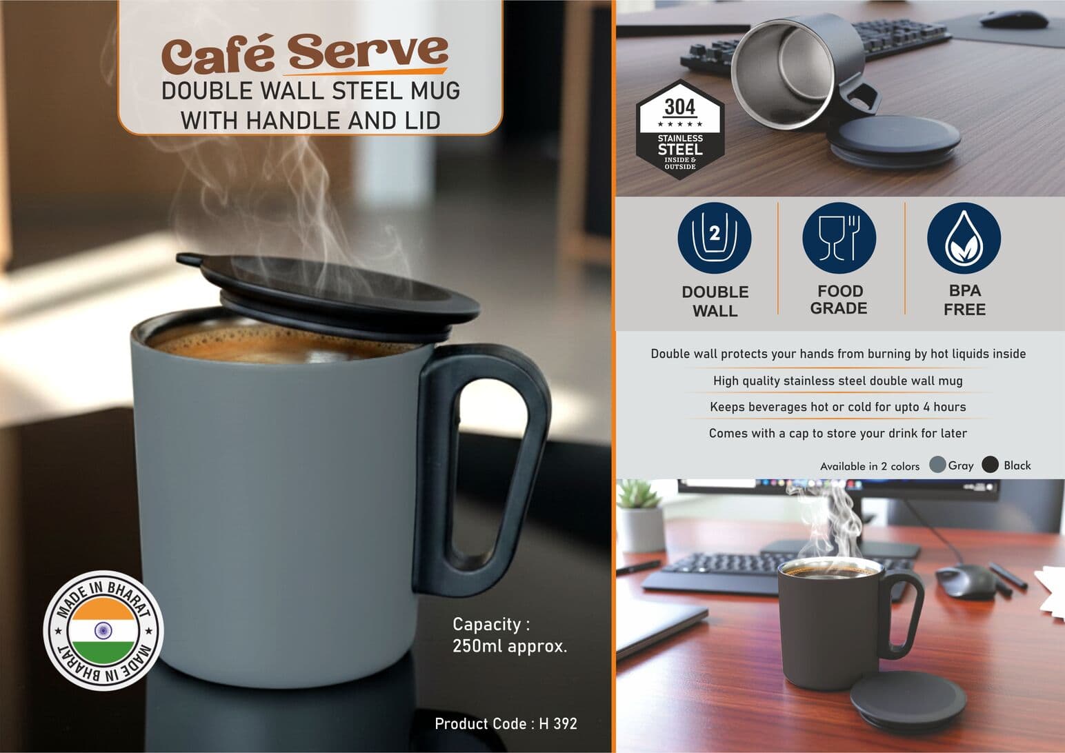Cafe Serve: Double wall Insulated Steel mug with handle and lid