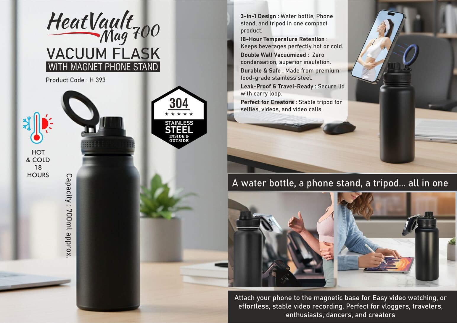 HeatVault Mag 700: Vacuum flask with Magnet phone stand