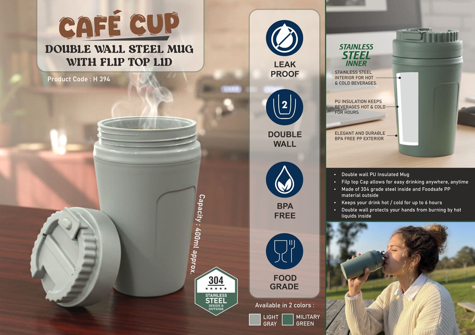 Cafe Cup: Double wall Insulated Steel mug with flip top lid