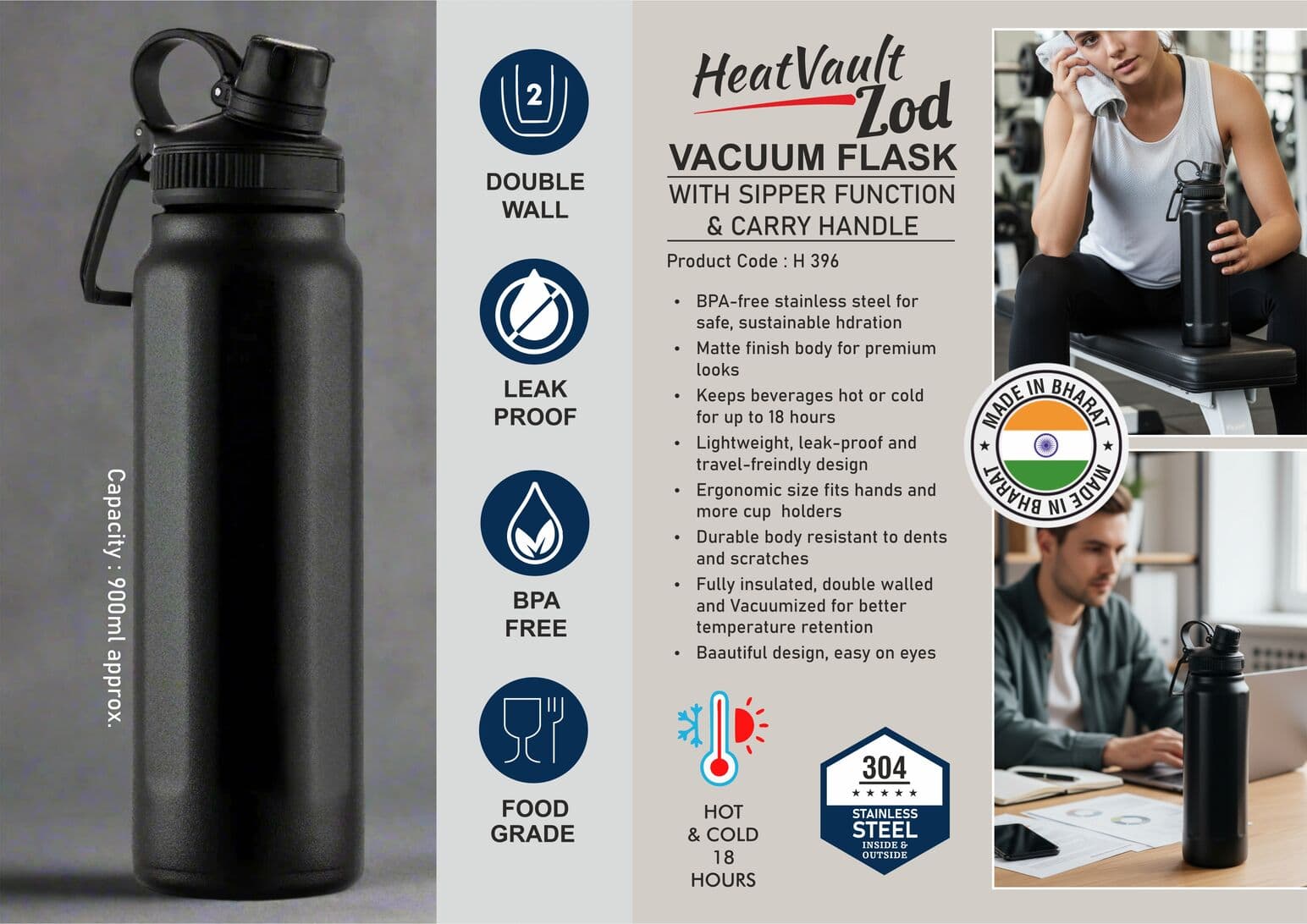 HeatVault Zod: Vacuum flask with Sipper function & Carry handle
