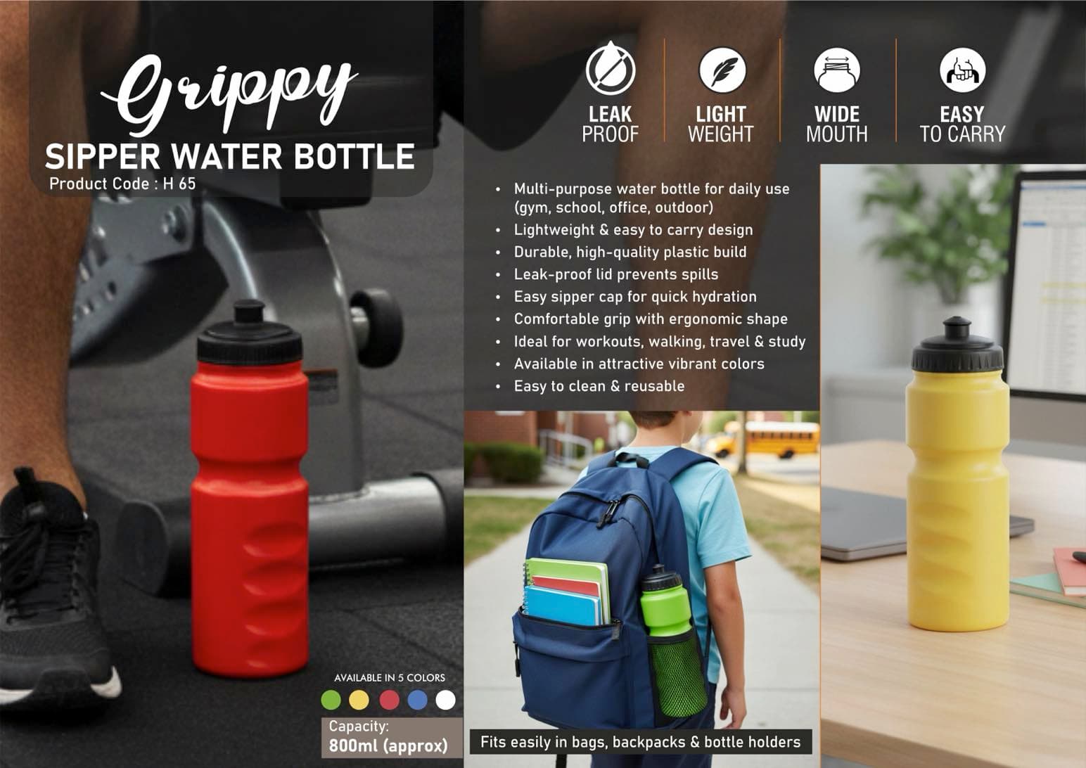 Grippy sipper water bottle (800 ml)