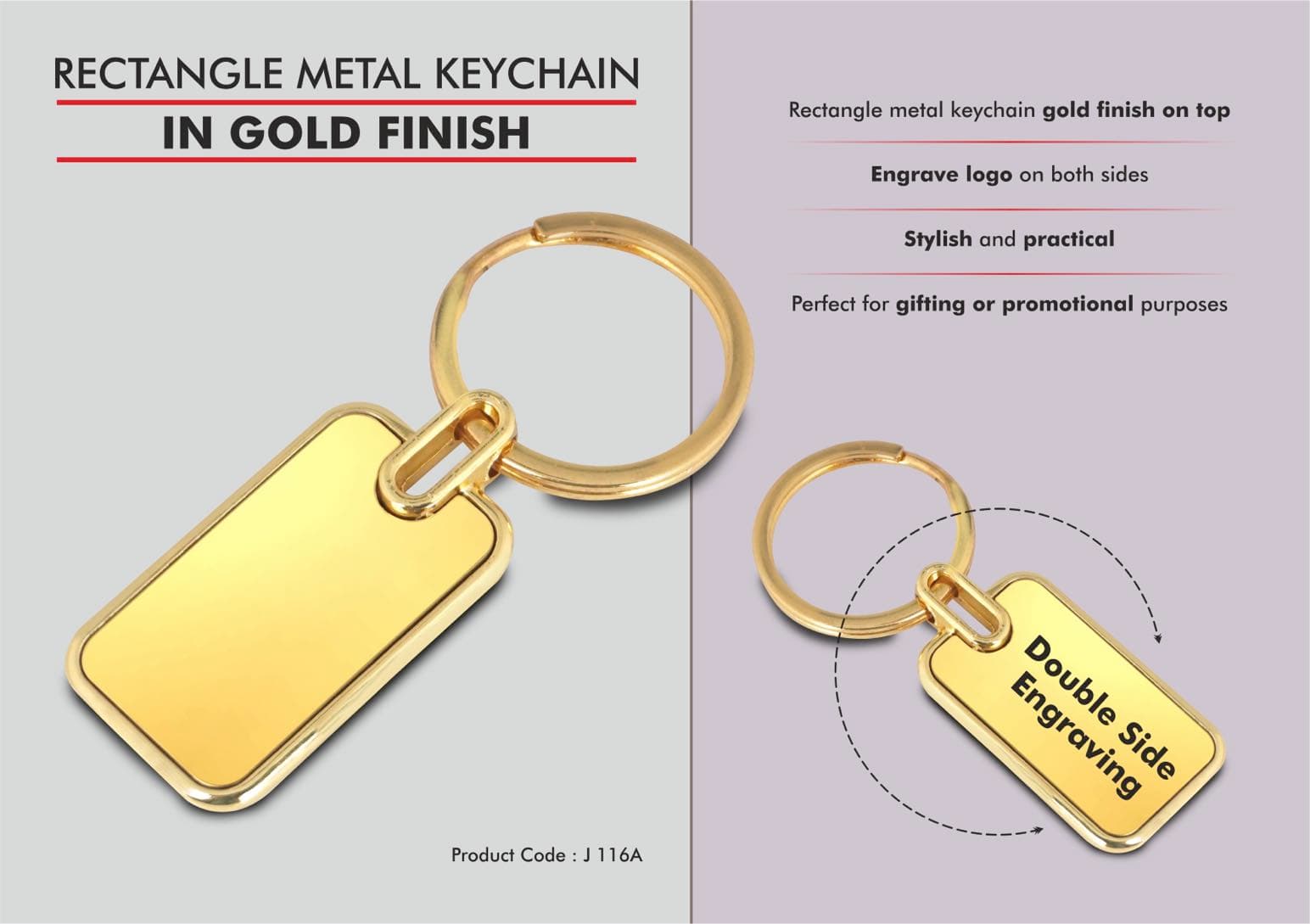 Rectangle metal keychain in Gold finish (Double side laser)