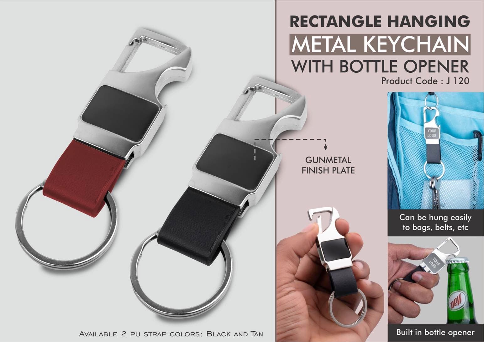 Rectangle hanging metal keychain with Bottle Opener (Gunmetal Plate with PU strap)