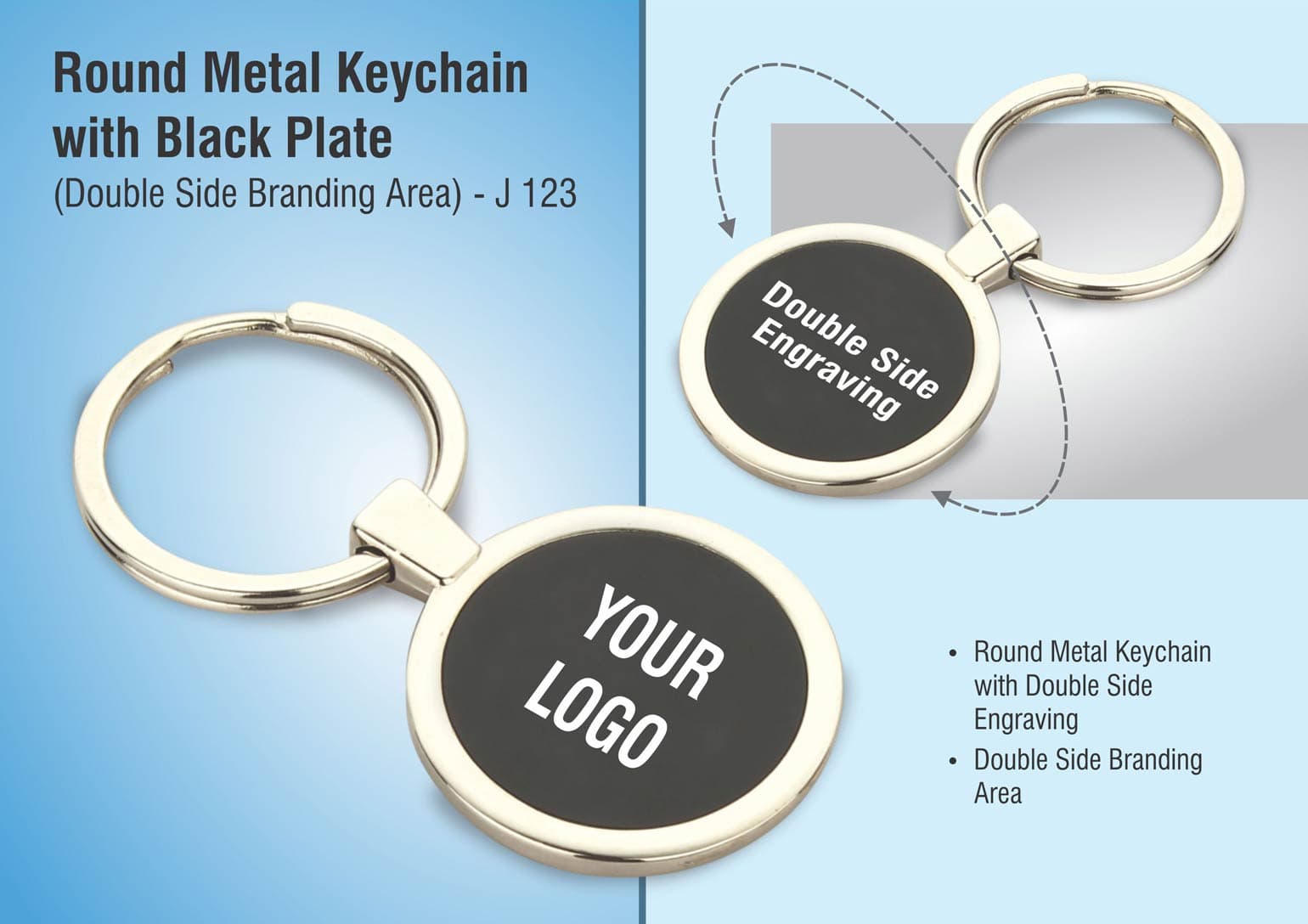 Round metal keychain with Black plate (Double side branding area)