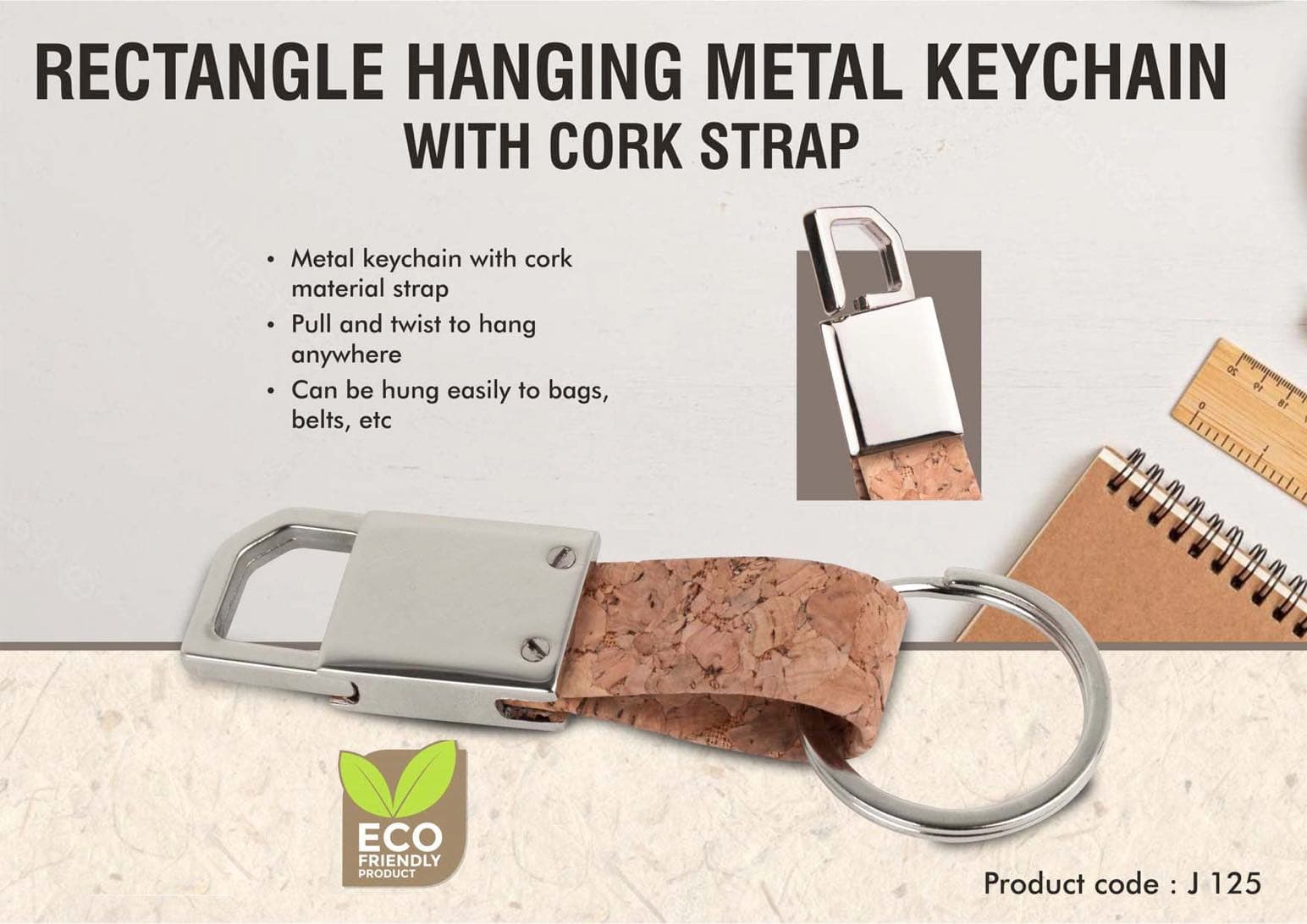 Rectangle hanging metal keychain with Cork strap