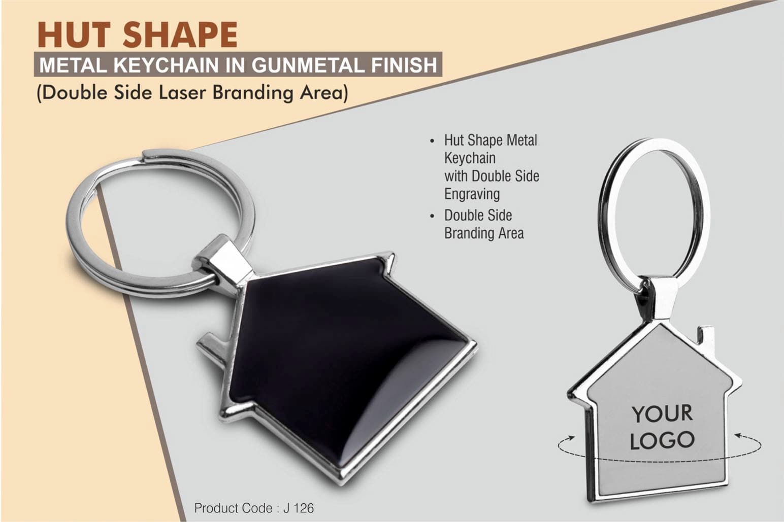 Hut shape metal keychain in Black finish (Double side laser)