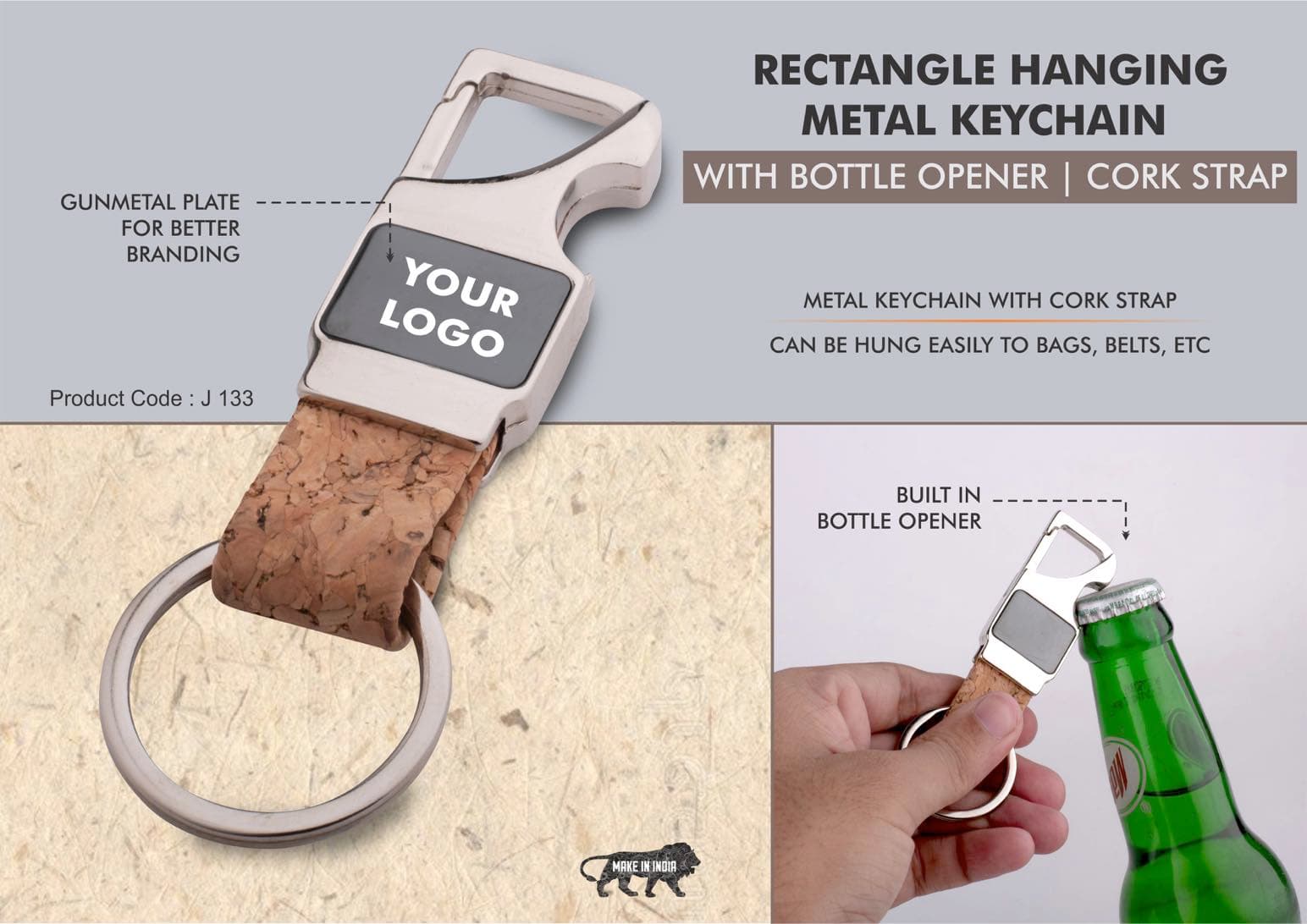 Rectangle hanging metal keychain with Bottle Opener