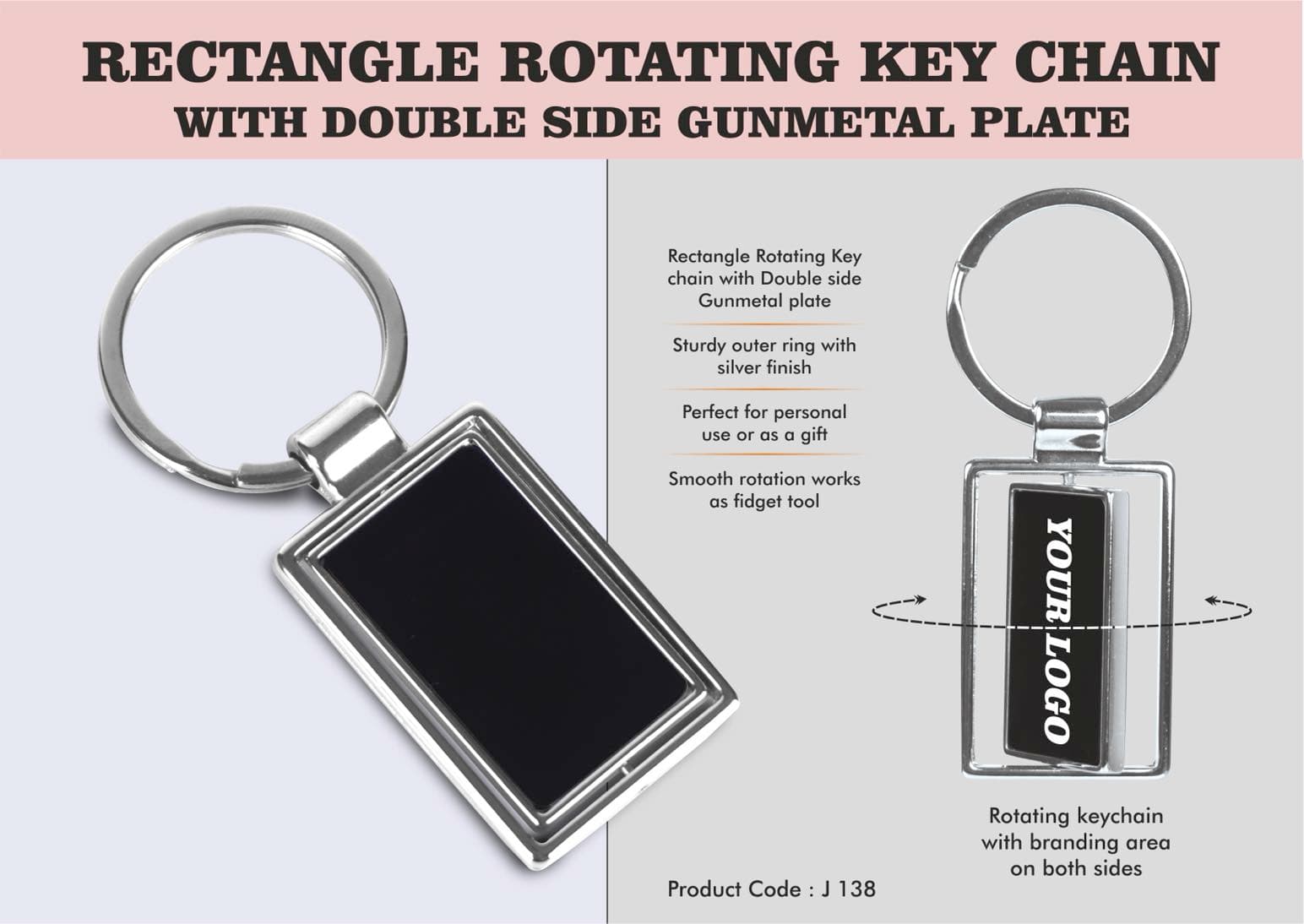 Rectangle Rotating Key chain with Double side Gunmetal plate