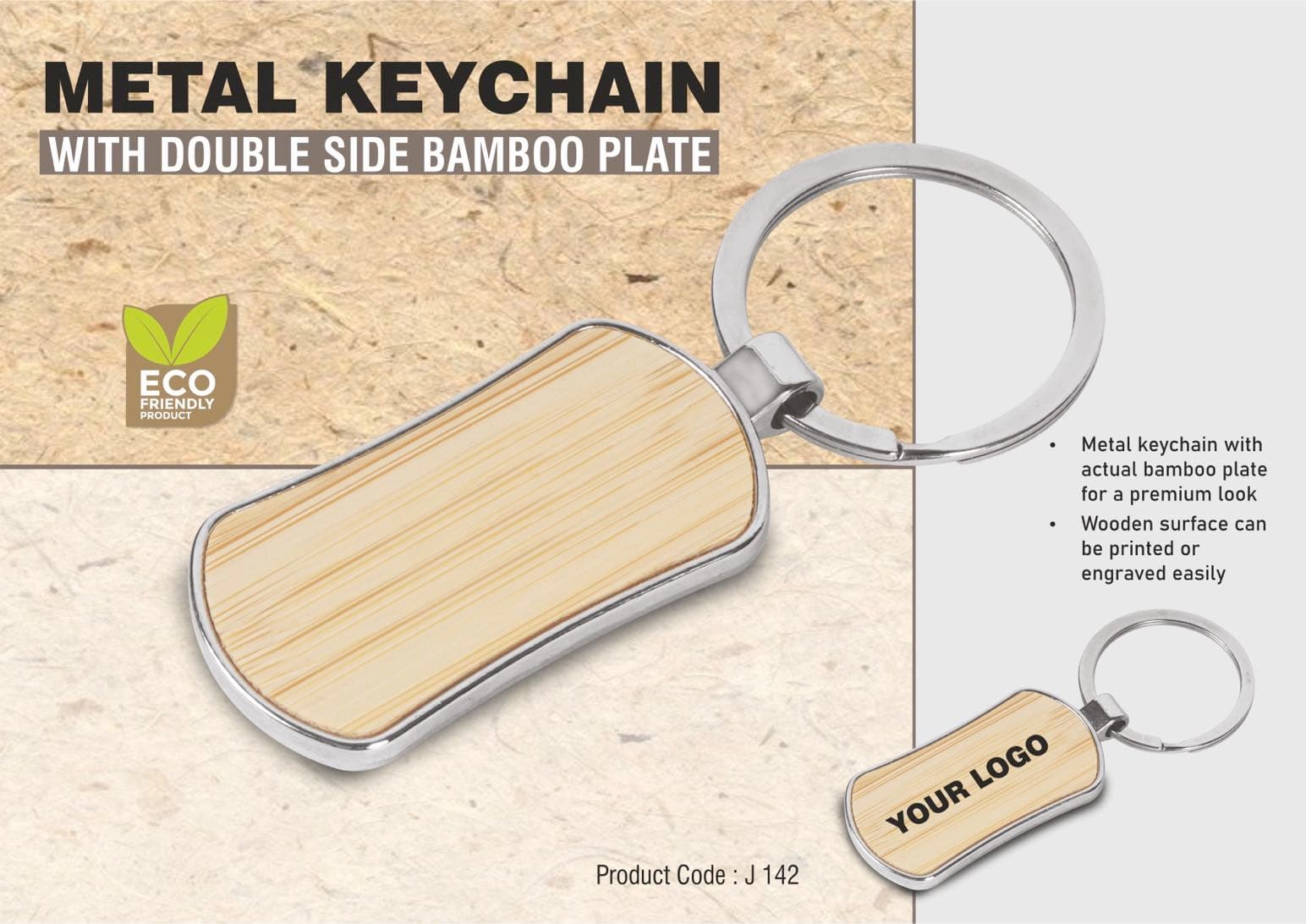 Metal keychain with double side Bamboo plate