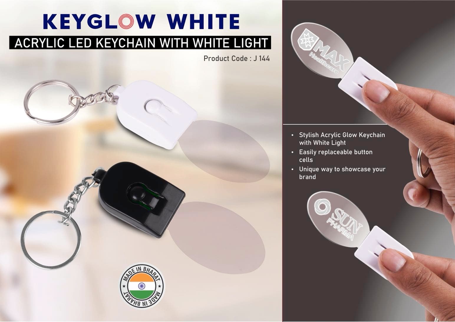 Keyglow White: Acrylic LED Keychain with White Light - Oval shape