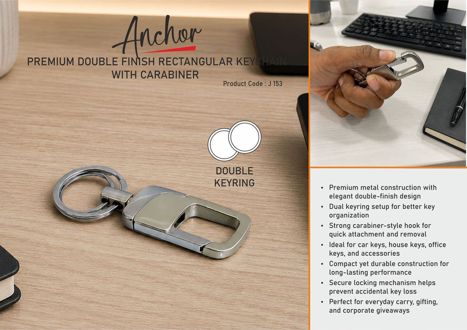 Anchor: Premium double finish rectangular keychain with carabiner