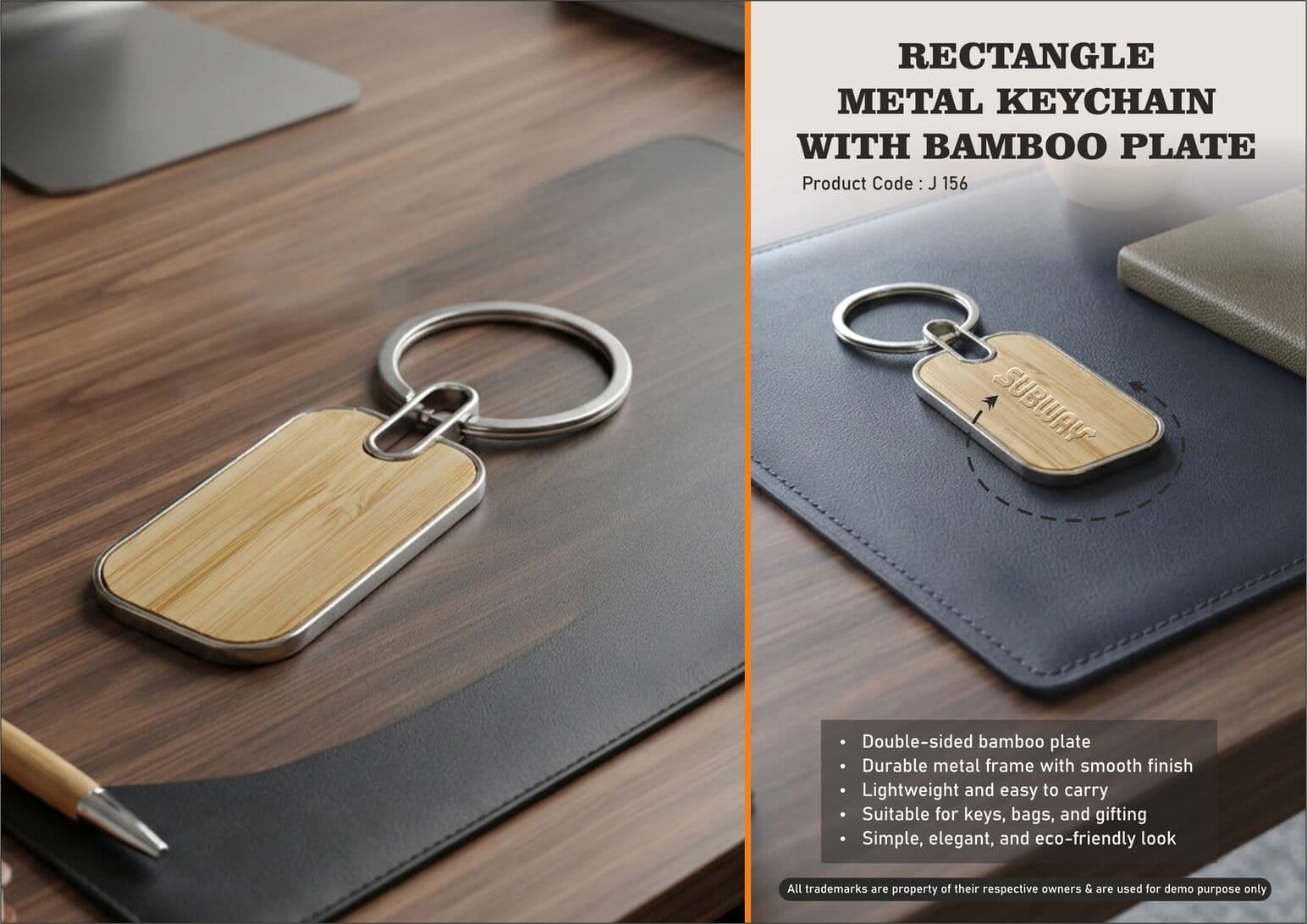 Rectangle metal keychain With Bamboo plate (Double side)