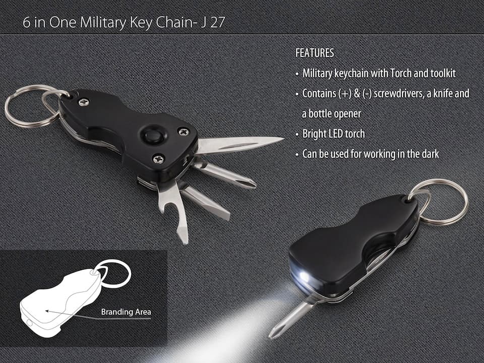 6 in 1 military keychain with toolkit and torch