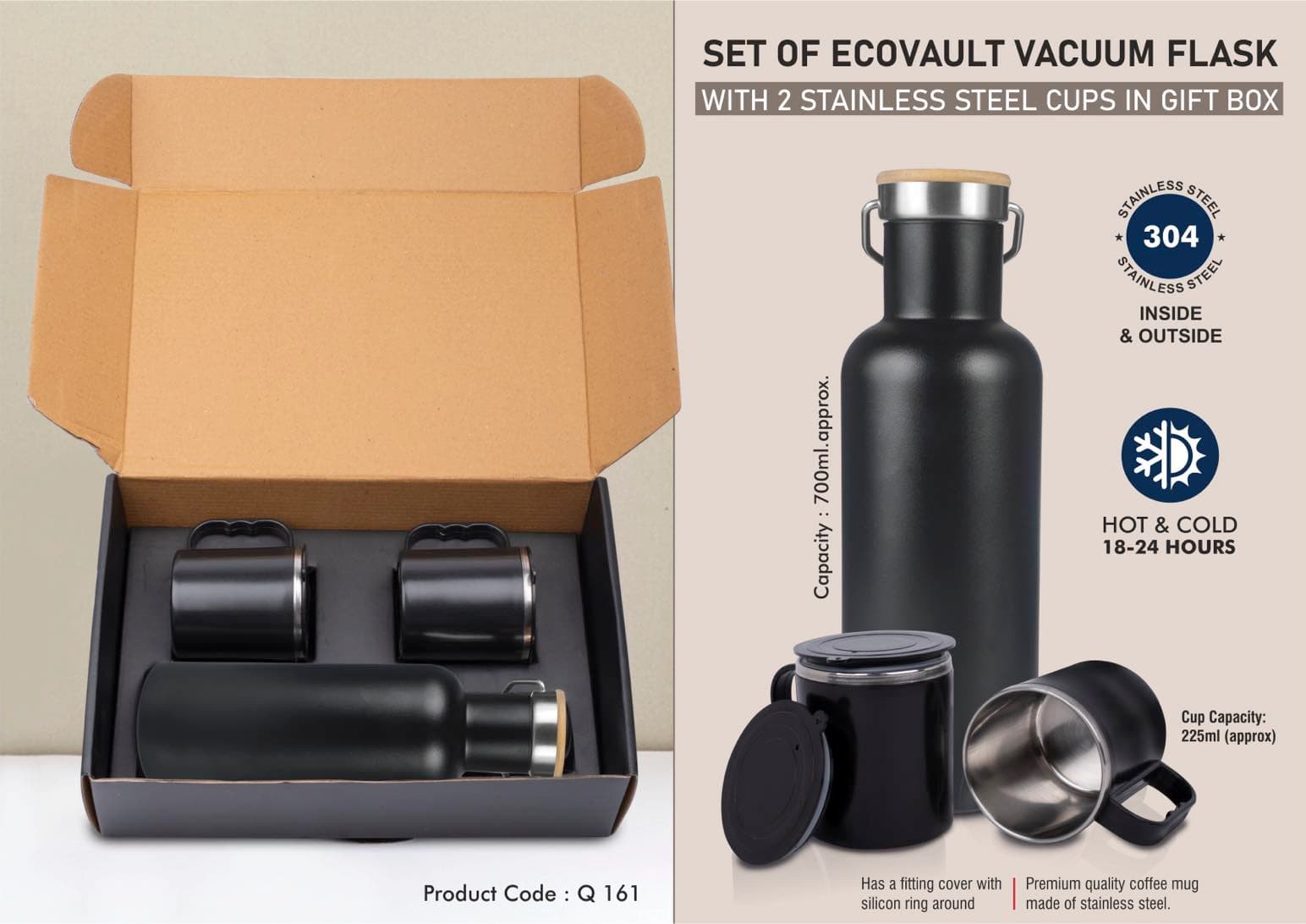Set of EcoVault Vacuum Flask with 2 Stainless steel cups in Gift box