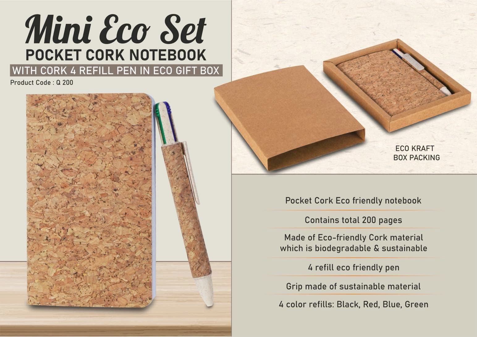 Mini Eco Set: Pocket Cork notebook with Cork 4 refill pen in Eco Gift Box