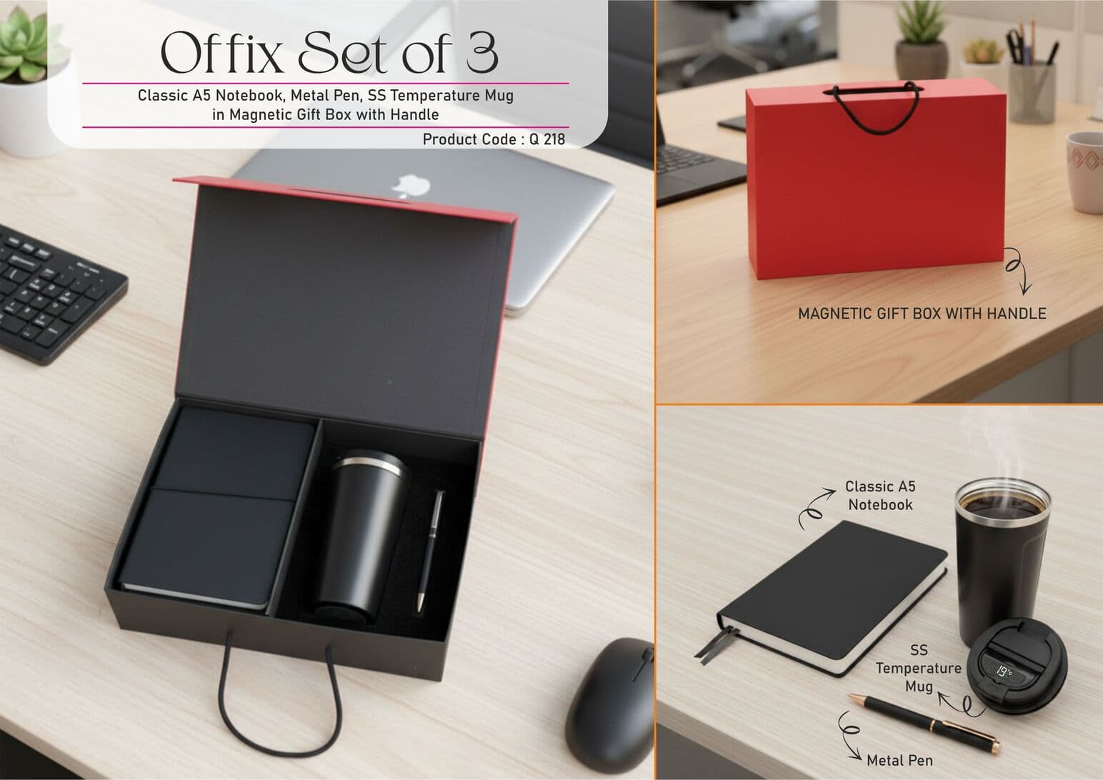 Offix Set of 3: Classic A5 Notebook, Metal Pen, SS Temperature Mug in Magnetic Gift Box with Handle