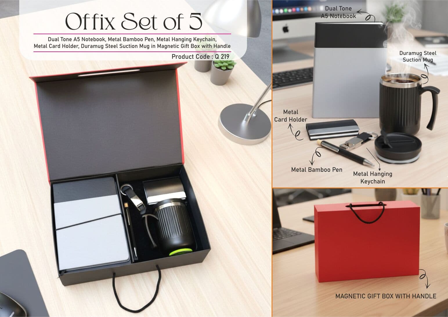 Offix Set of 5: Dual Tone A5 Notebook, Metal Bamboo Pen, Metal Hanging Keychain, Metal Card Holder, Duramug Steel Suction Mug in Magnetic Gift Box with Handle