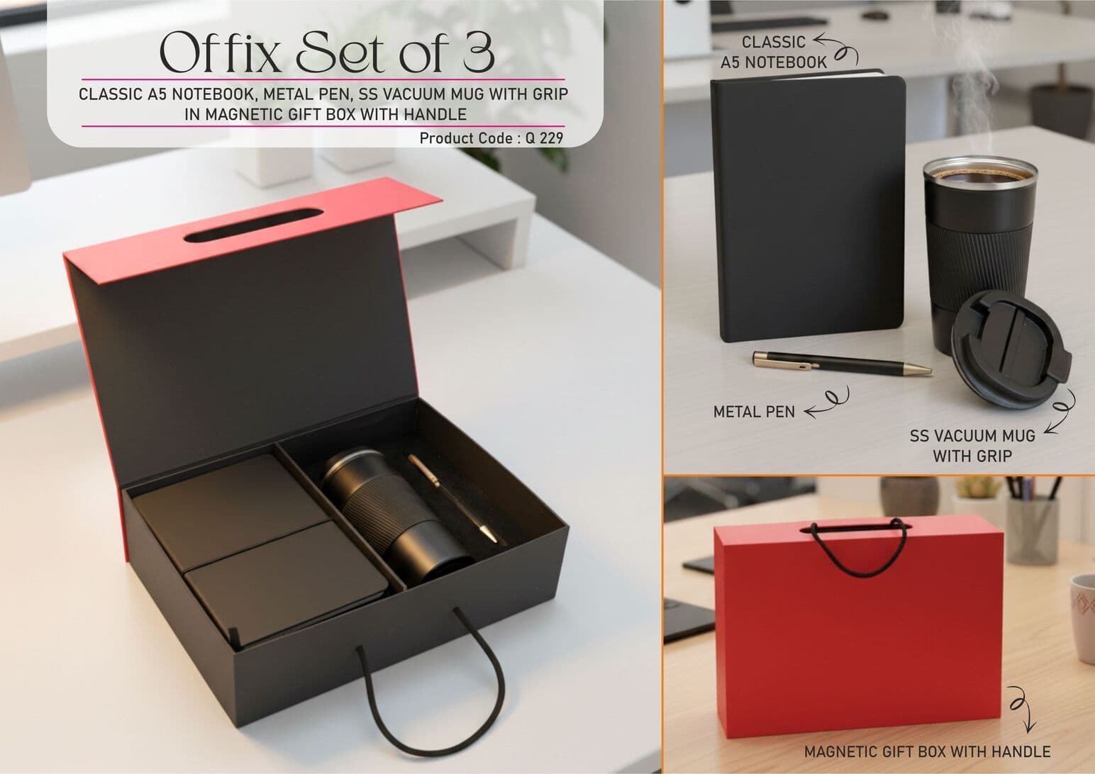 Offix Set of 3: Classic A5 Notebook, Metal Pen, SS Vacuum Mug with grip in Magnetic Gift Box with Handle