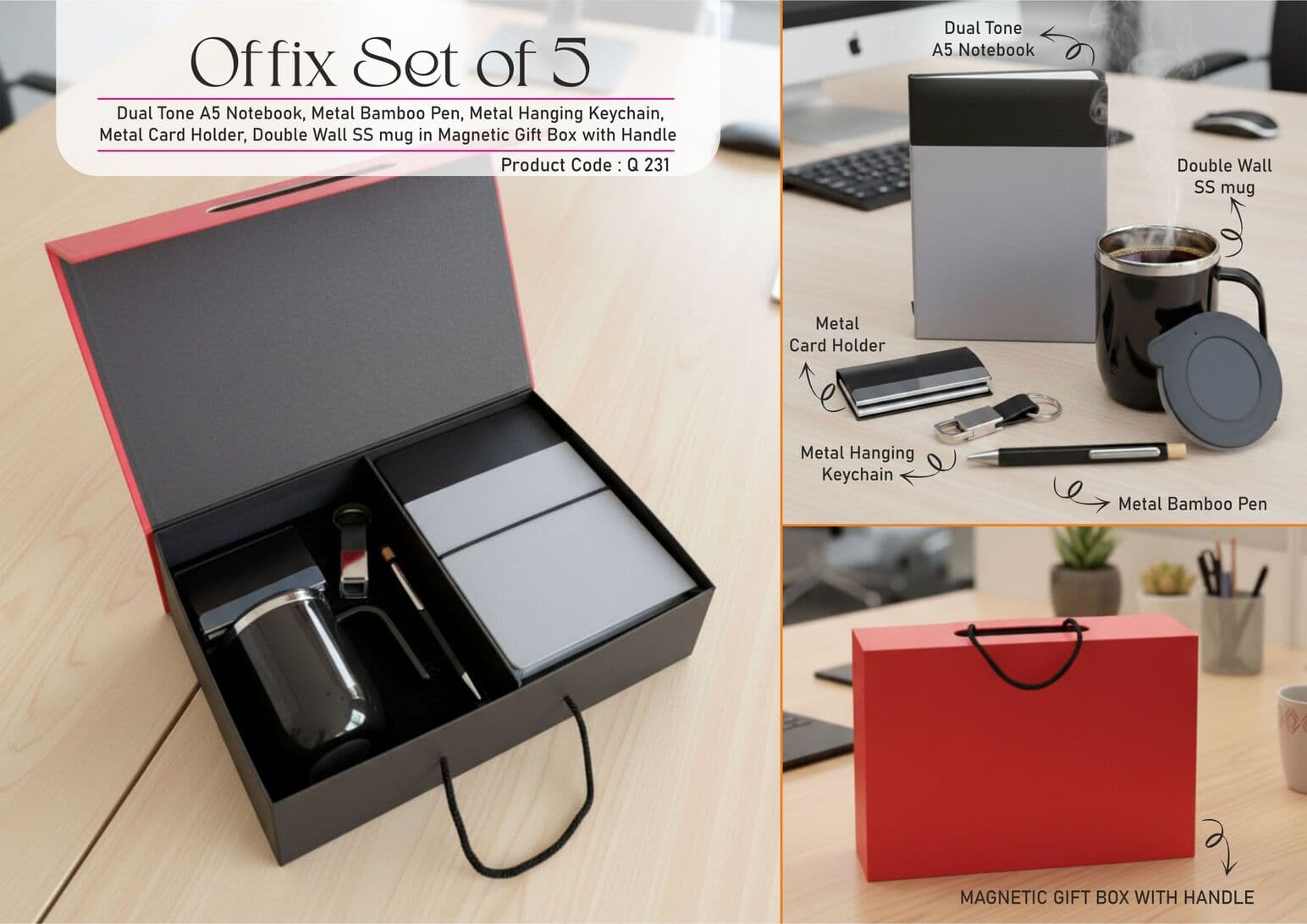 Offix Set of 5: Dual Tone A5 Notebook, Metal Bamboo Pen, Metal Hanging Keychain, Metal Card Holder, Double Wall SS mug in Magnetic Gift Box with Handle