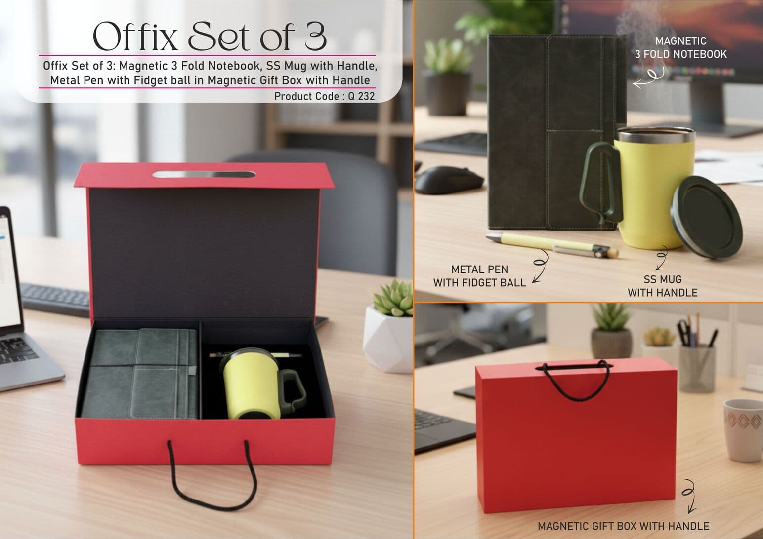 Offix Set of 3: Magnetic 3 Fold Notebook, SS Mug with Handle, Metal Pen with Fidget ball in Magnetic Gift Box with Handle