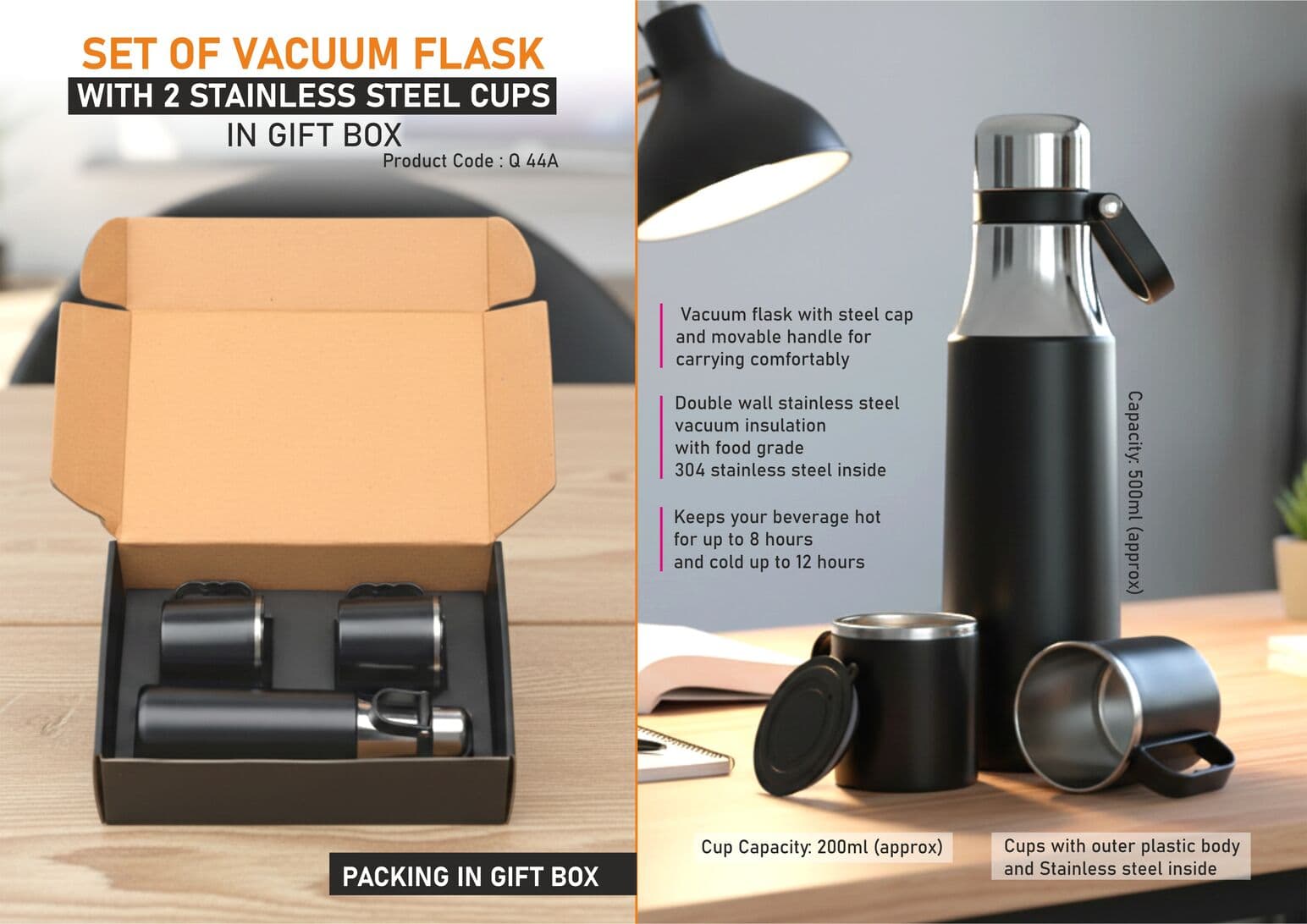 Set of Vacuum Flask with 2 Stainless steel cups in Gift box