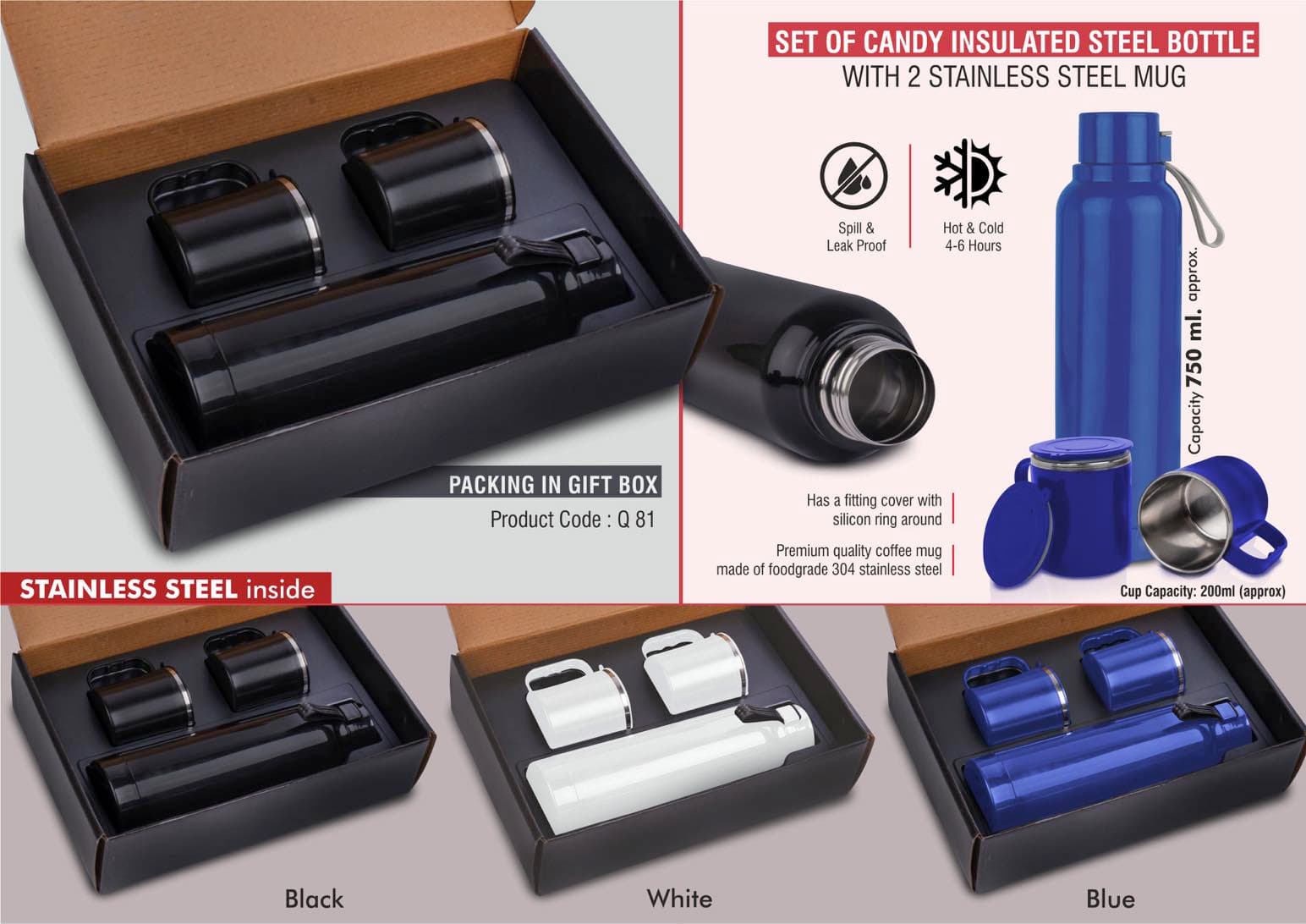 Set of Candy Insulated Steel Bottle with 2 Stainless Steel cups in Gift box