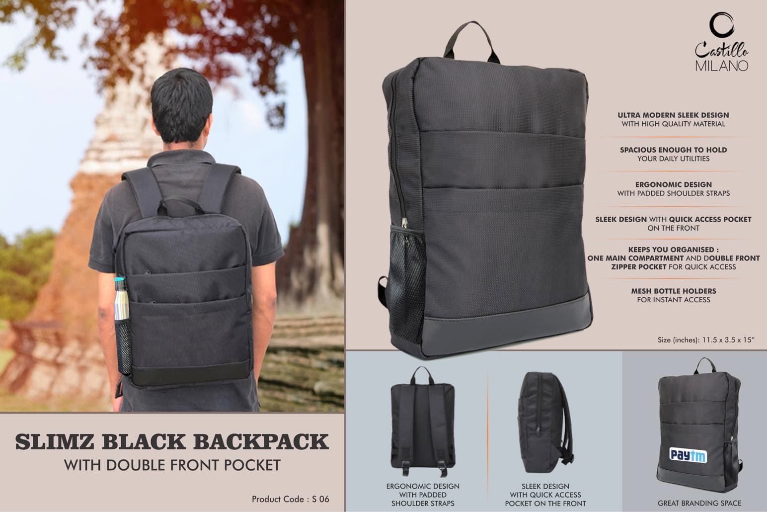 Slimz black backpack with double front pocket