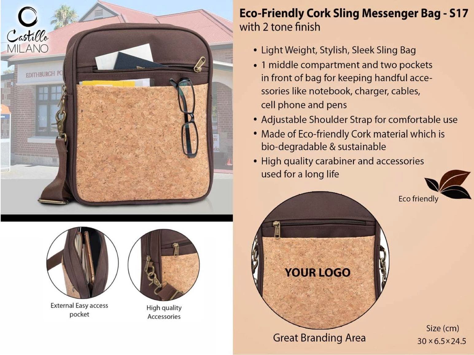 Eco-Friendly Cork Sling Messenger Bag with 2 tone finish