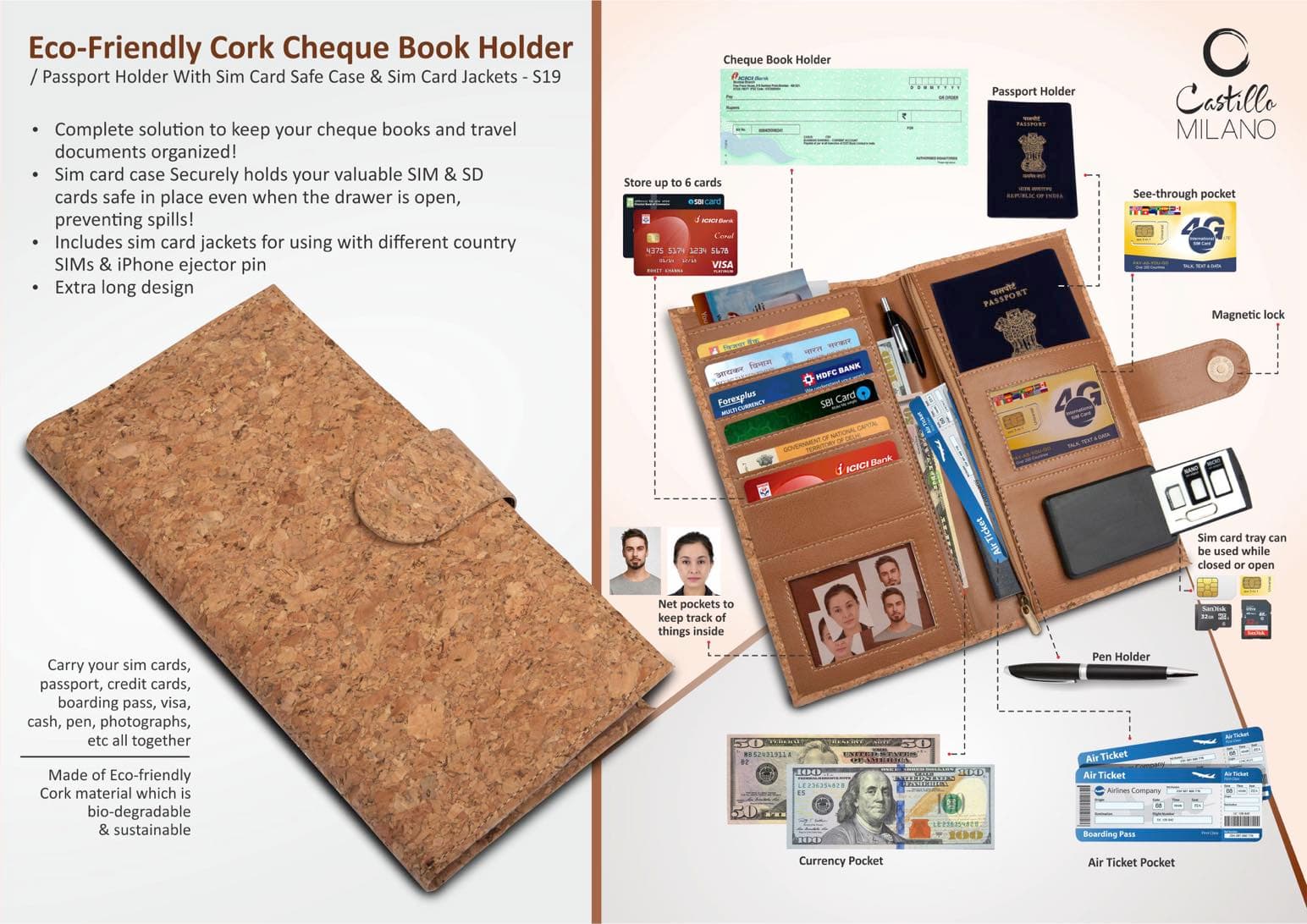 Eco-Friendly Cork Cheque Book Holder / Passport Holder With Sim Card Safe Case & Sim Card Jackets