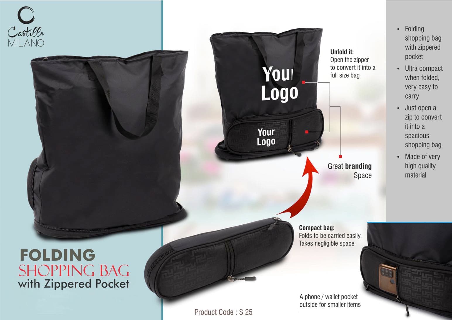 Folding shopping bag with Zippered pocket