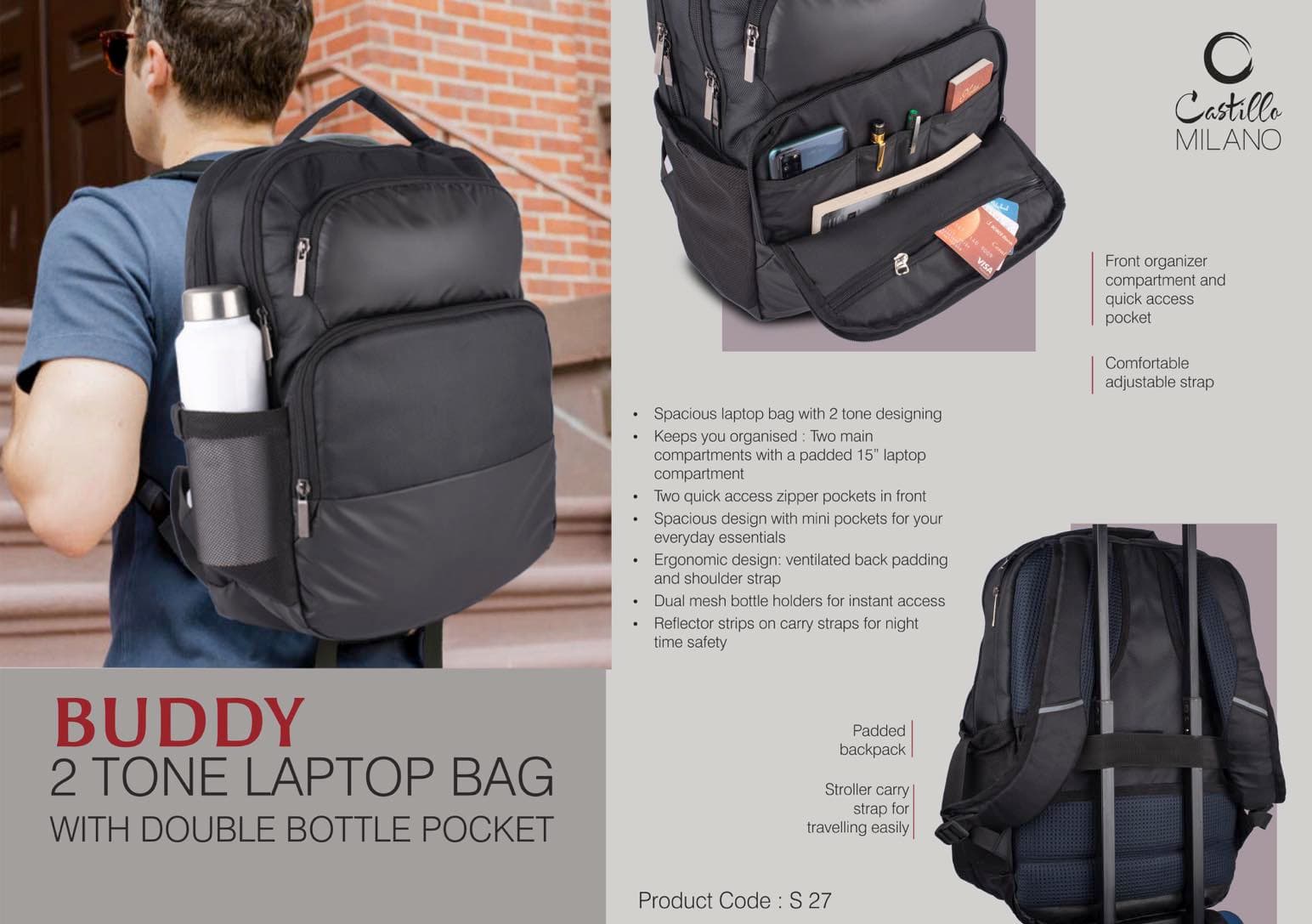Buddy: 2 tone Laptop bag with double bottle pocket