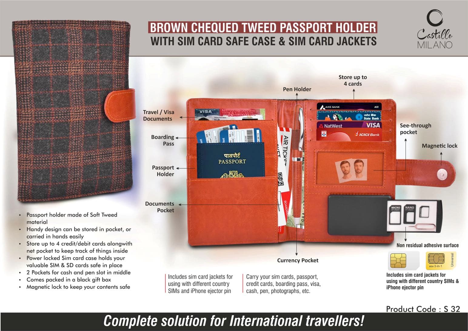 Brown Chequed Tweed Passport holder with Sim Card Safe Case & Sim Card Jackets