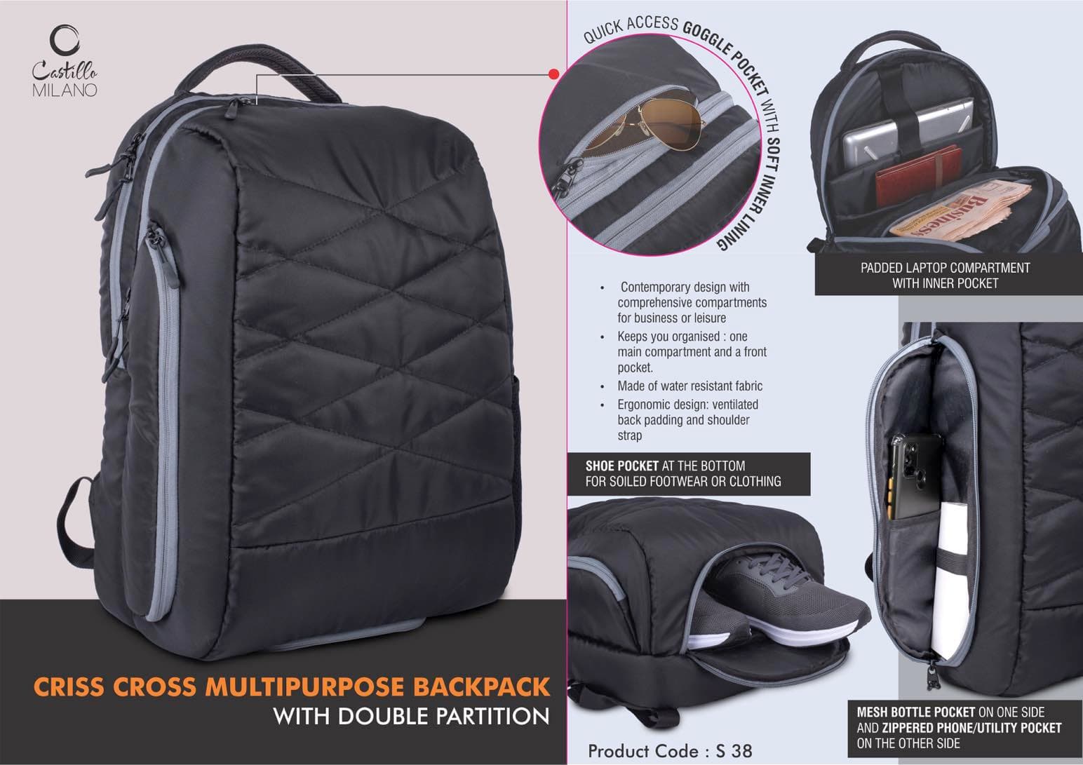 Criss Cross Multipurpose Backpack bag with Double Partition