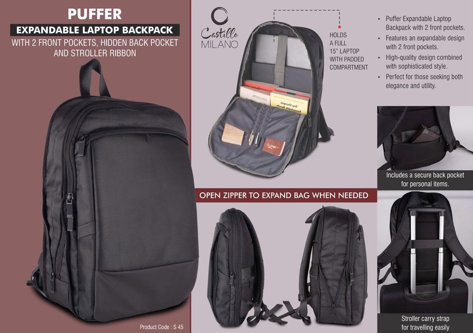 Puffer: Expandable laptop backpack bag with 2 front pockets, hidden back pocket and Stroller ribbon