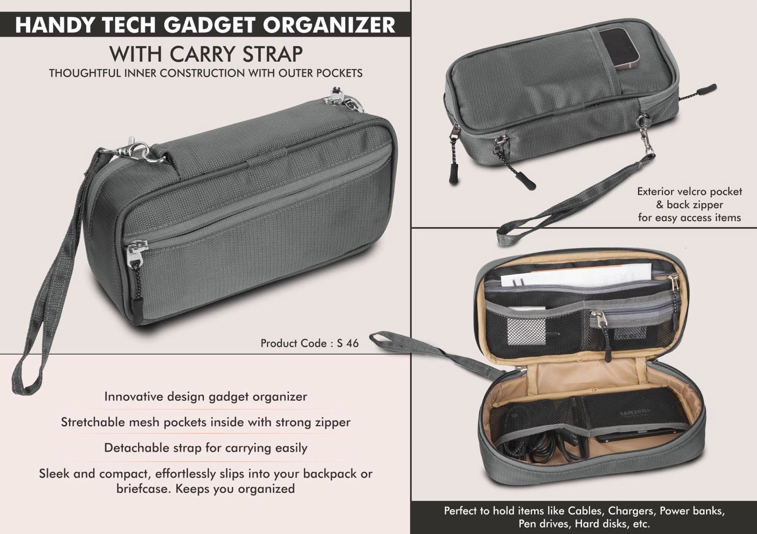 Handy Tech Gadget organizer with Carry Strap (Gray)