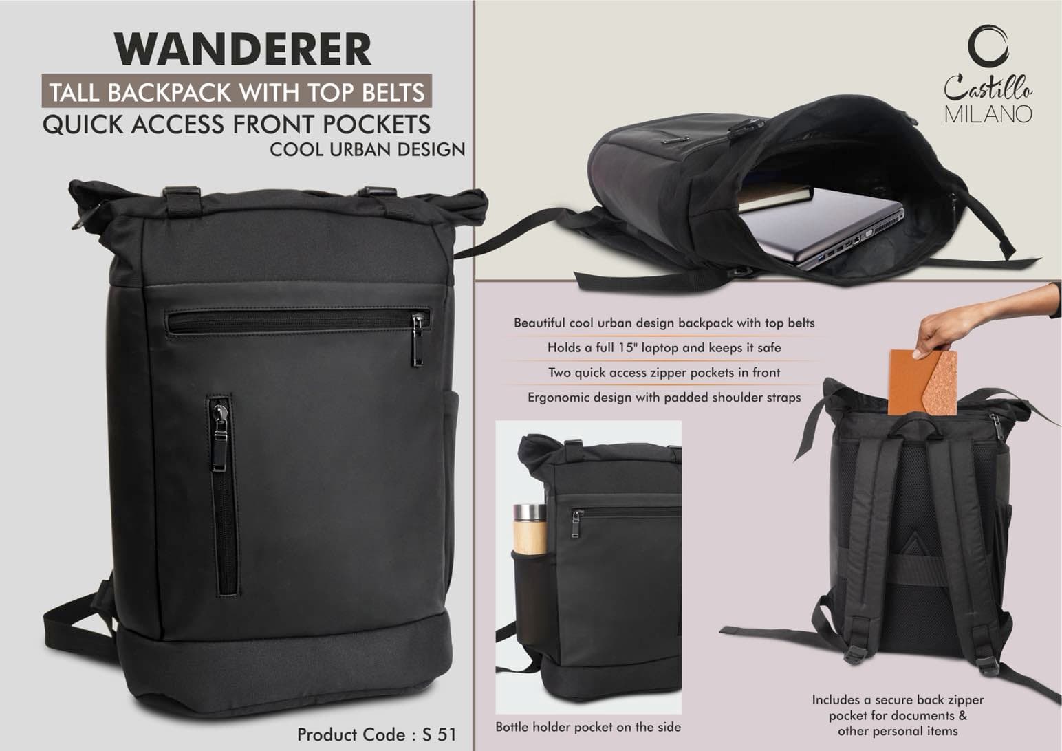 Wanderer: Tall backpack bag with Top belts