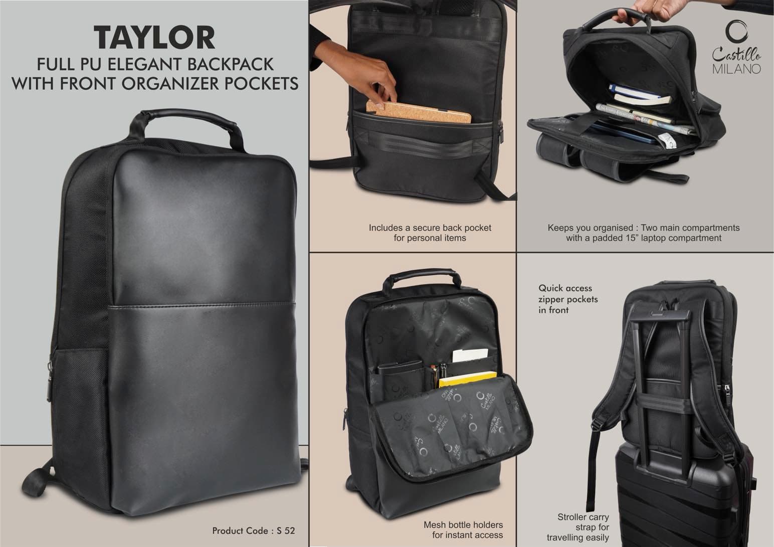 Taylor: Full PU Elegant backpack bag with Front organizer and Hidden back pocket