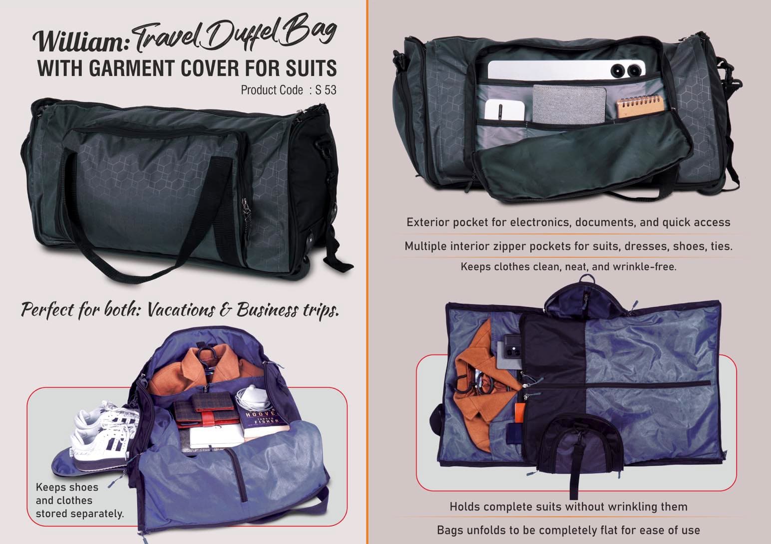 William: Travel Duffel Bag with Garment cover for Suits
