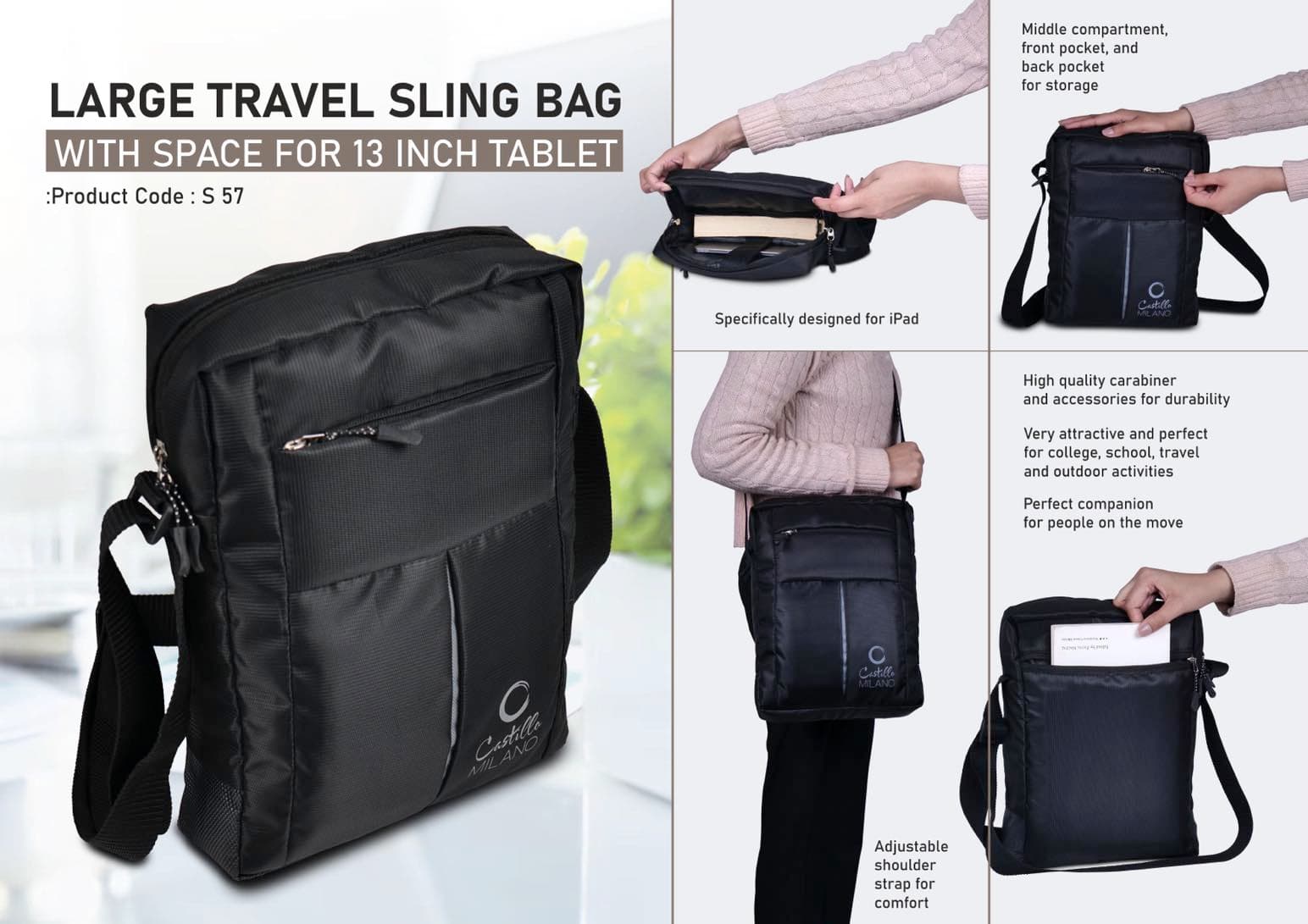 Large Travel sling bag with space for 13 inch Tablet