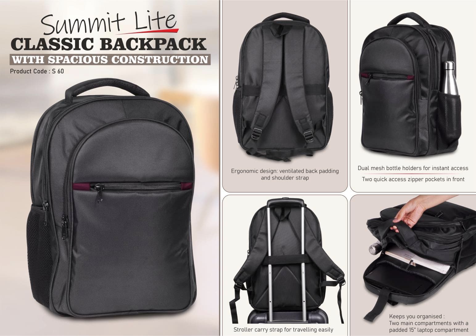 Summit Lite: Classic backpack with spacious construction & maroon highlights