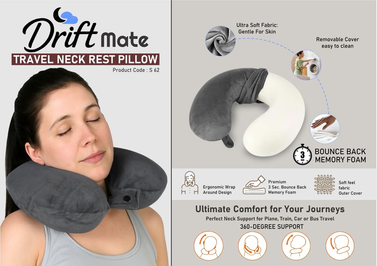 DriftMate: Travel Neck Rest Pillow - U Shaped with Soft fabric